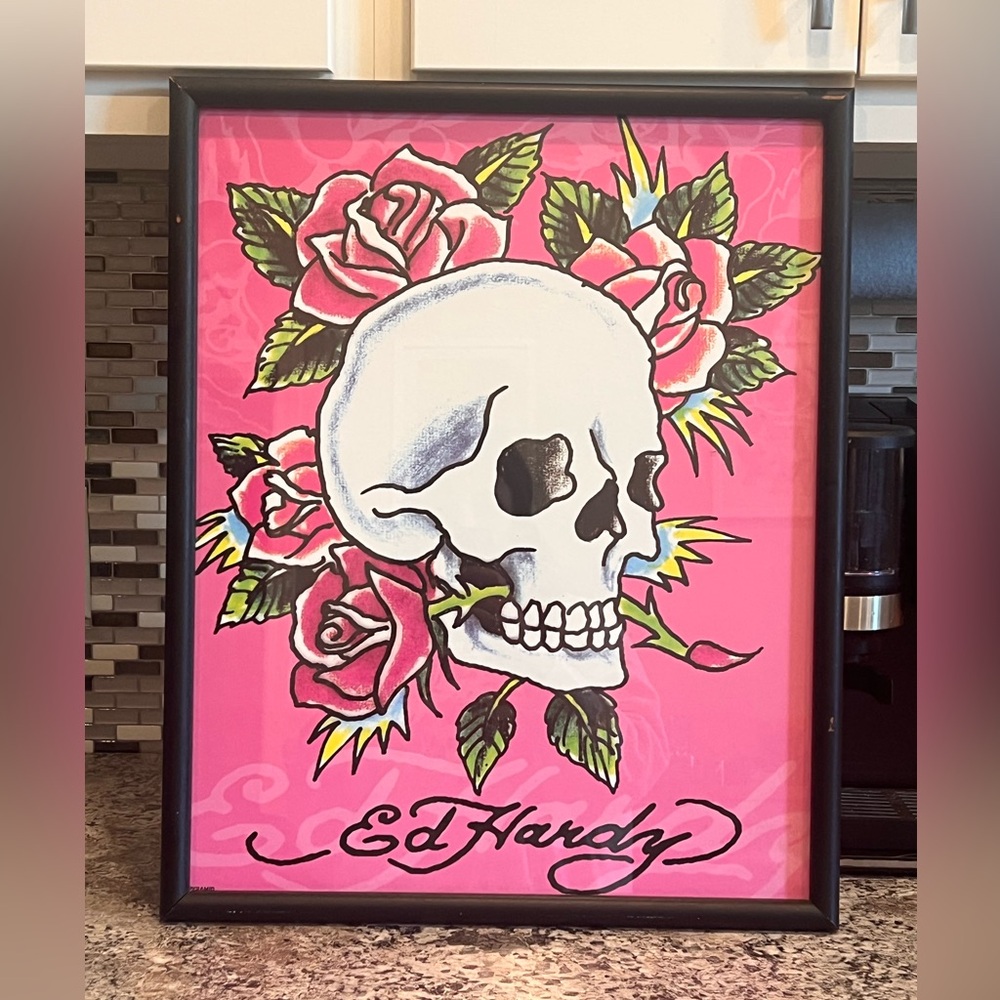 Ed Hardy Wall Art Framed Pink Skull Rose Rocker Rebel Home Decor Edgy Vintage